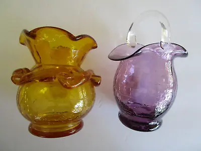 Buy Lot Of 2  CRACKLE GLASS MCM Glassware 3.75 &4.75  High - Purple & Gold • 18.02£
