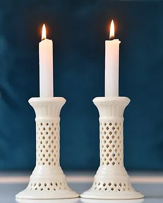 Buy Pair Of Vintage Royal Creamware Lattice Ceramic Candlesticks From The 1990's • 18.95£