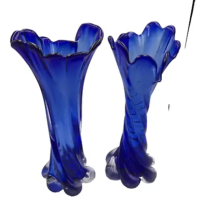Buy Swung Vases Cobalt Blue  Stretch Swirl Ribbed 10” Art Glass Scalloped Set Of 2 • 61.63£