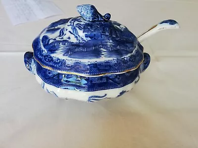 Buy An Antique Blue & White Booths Silicon Davenport Willow Pattern Tureen & Ladle • 19.99£
