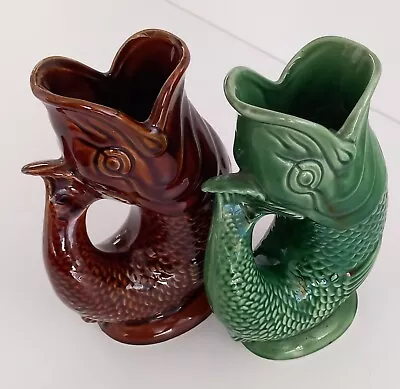 Buy Vintage - Gluggle Fish Jugs - Green & Brown - Devon & Dartmouth Pottery 7.5 Inch • 40£