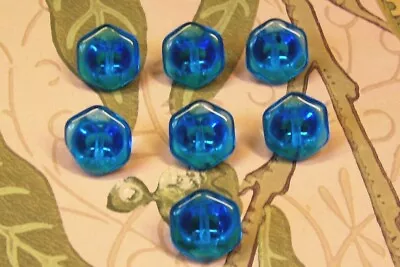 Buy 7 Vintage (unused) Clear Peacock Blue Hexagonal Glass Buttons 13 Mm. Diam. • 2.09£