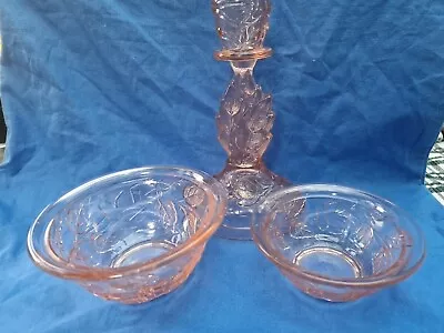 Buy Pink Depression Glass, 3 Pieces Candlestick, 2 Bowls Leaf Pattern 1920's ? • 5£