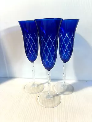 Buy (3) Cobalt Blue Cut To Clear Crystal Champagne Flutes W/Twisted Stems 9  • 30.24£