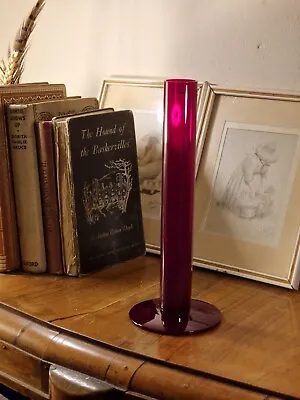 Buy Fantastic Vintage Scandinavian Ruby Red Art Glass Modernist Footed Cylinder Vase • 22.99£