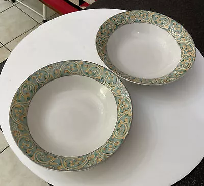 Buy Vintage Retro 2 X BHS Valencia Stoneware 18.5cm Cereal Bowls Dishes Green & Gold • 18£