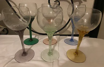 Buy SET 6 VINTAGE BOHEMIAN COLOURED HOCK WINE GLASSES HARLEQUIN 1930s 1940s • 78£