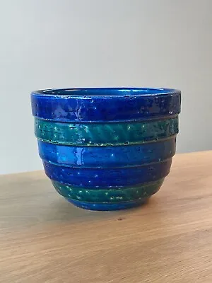 Buy Vintage Bitossi Italian Pottery Green Blue Striped Large Bowl MCM Aldo Londi • 80.59£