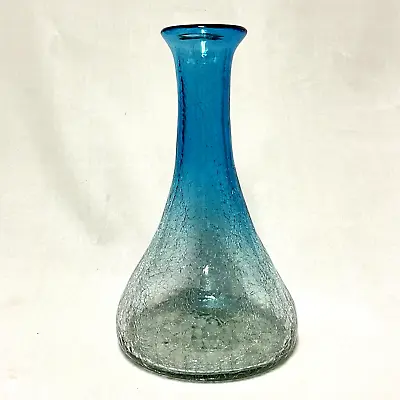 Buy Handblown Crackle Glass Vase Decanter Ombré Blue Aqua Tones Mid Century Modern • 38.54£