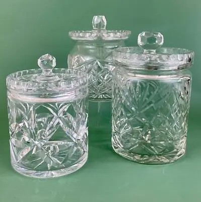 Buy 3 Vintage Biscuit Barrel English Crystal Hand Cut Glass Storage Jars • 89£