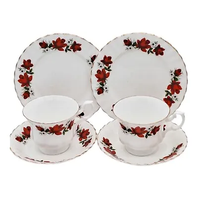 Buy Crown Fenton Red Roses Bone China Teacup Saucer And Snack Plate Trios X2 VGC • 11.99£