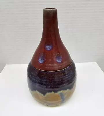 Buy 6.75  Stoneware Flambe Style Glaze Vase Incised Signature Maroon Blue Tan • 24.06£