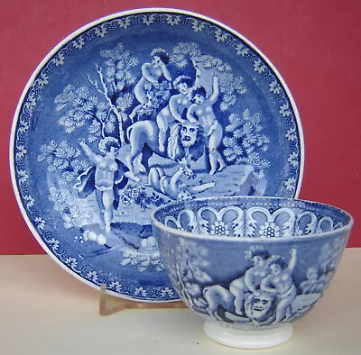 Buy Smith Pearlware Teabowl & Saucer Blue Printed Cherubs #2 C1840 • 35£