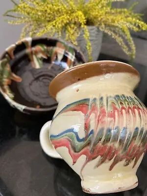 Buy Vintage Romanian Pottery Rustic Marbled Slipware Bowl And Jar • 22.99£