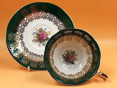 Buy Queen's China Emerald Green And Gold Monarch Cabinet Tea Cup & Saucer Duo. • 18.50£
