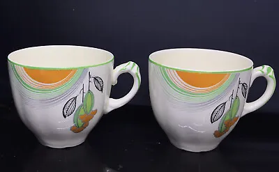 Buy Pair Hand Painted Art Deco Cups Clarice Cliffe Style ??  Orange Green Set • 4.99£
