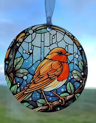 Buy Christmas Robin Santa Frosted Hanging Discs Stained Glass Effect Decoration • 6£
