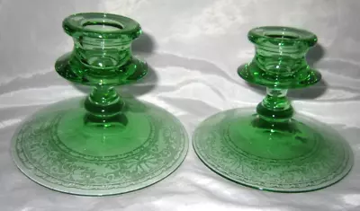 Buy Vintage Green Fostoria Etched Glass 8.75cm High Candlestick Holders • 22.99£