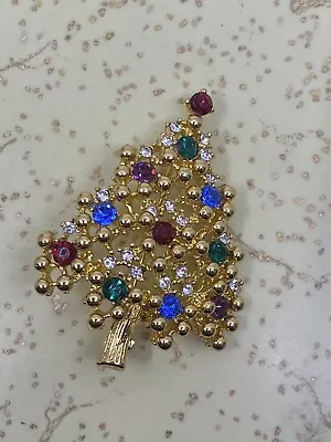 Buy Vintage Eisenberg Signed Christmas Tree Gold Tone Multi Color Rhinestone Brooch • 30.03£