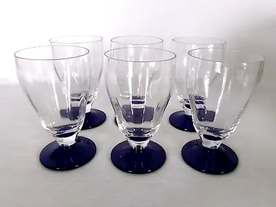 Buy 6 CLEAR PANELED OPTIC FOOTED TUMBLERS W/ COBALT BLUE BASES • 33.07£