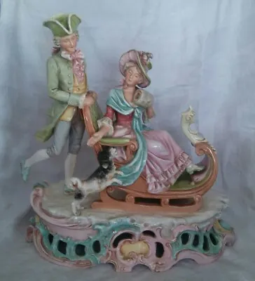 Buy Large Centrepiece Capodimonte Porcelain Figurine 18thC Couple On Sleigh With Dog • 65£