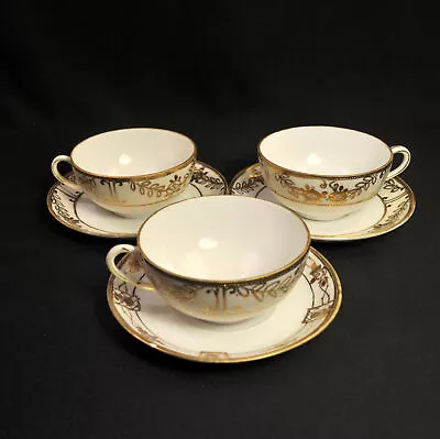 Buy Noritake Nippon 3 Cups & Saucers Hand Painted Raised Gold On White 1911-1918 HTF • 68.18£