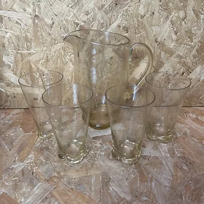 Buy Vintage Amber & Clear Glass Water Jug Pitcher With 4 Hi-Ball Tumbler Glasses • 14.99£