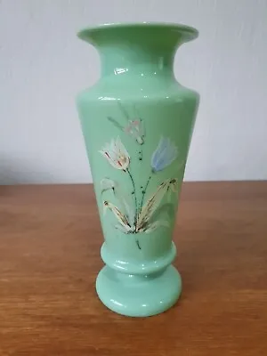 Buy Antique Green Hand Painted Enameled Floral  Opaline Bristol Glass Vase  • 22.99£