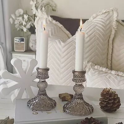 Buy Pair Of Mocca Glass Candlesticks Holders With Diamond Design Small & Large Decor • 16.99£