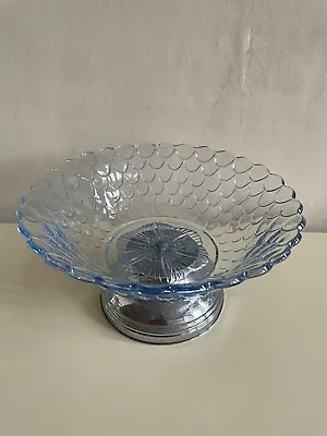 Buy Bagley Fish Scale Clear Blue Glass Fruit Bowl On Chrome Pedestal 1930’s • 12£