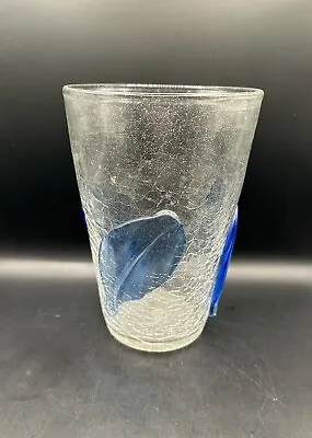 Buy Vintage Blenko Crackle Glass Clear Vase W/ Applied Blue Leaves 8” • 37.89£
