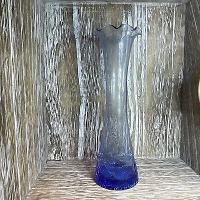 Buy Vintage Hand Blown Blue Art Glass Crackle Bud Vase Fluted Ruffled Top 8” Tall • 23.62£