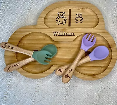 Buy Personalised Bamboo Sustainable Car Plate & Cutlery Set Birthday Christening • 15.95£
