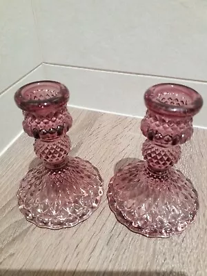 Buy 2 Glass Candlesticks Holder Taper  Decorative Candle Sticks Pink/Purple  • 17£