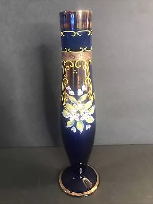 Buy Antique Cobalt Blue Glass Vase/Enameled Flowers/Gold/Czechoslovakia C.1950/H : 9 • 80.91£