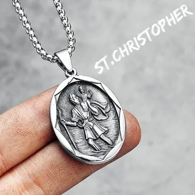 Buy St Christopher Pendant Necklace Retro Inscription 316L Stainless Steel Men Chain • 10.42£