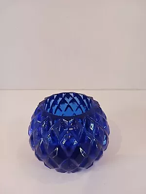 Buy Vintage Cobalt Blue Diamond Cut Glass Round Votive Candle Holder • 17.08£