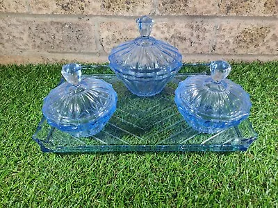 Buy 1930s Vanity Blue Pressed Glass Set • 24.74£