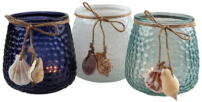 Buy Sea Shell Glass Tea Light Votive Candle Holders, Navy Ocean Blue - Set Of 3 • 15.99£