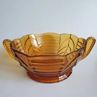 Buy Amber Glass Serving Bowl With Handles Art Deco Large • 25£
