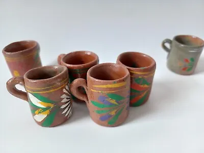 Buy 6pc Vintage Mexican Pottery Clay Mini Mugs Cup Floral Handpainted Made In Mexico • 21.73£
