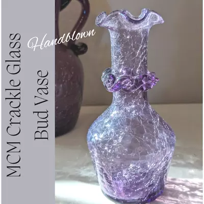 Buy VTG MCM Hand Blown Amethyst Purple Crackle Glass Ruffled Neck Bud Vase 5-1/2  • 28.91£