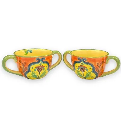 Buy Talavera Double Handled Soup Bowl Cups Set Of 2 Pottery Ceramic Yellow Green • 57.53£