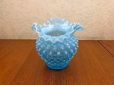 Buy Vintage Fenton Art Glass Blue Opalescent Hobnail Rose Bowl Triangle Flare Ruffle • 21.67£