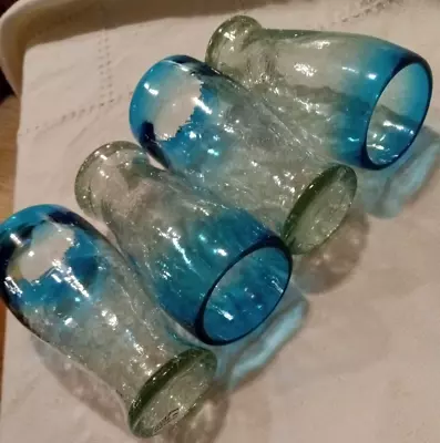 Buy Gorgeous Hand-Blown Mexico Crackle Glass 14 Oz Tumblers Aqua Rims -Set Of 4- EUC • 45.52£