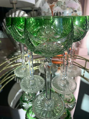 Buy 6 GREEN CRYSTAL Cut To Clear WINE/HOCK 8” Bohemian (Val St Lambert Style) • 129£