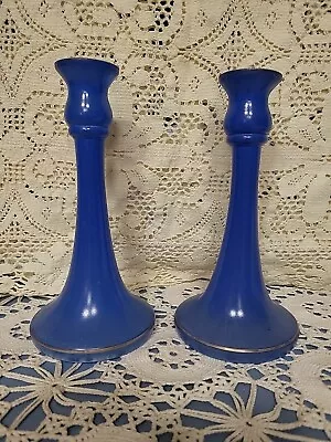 Buy Pair Of 1920s Flash Glass Sky Blue Candle Sticks • 55.92£