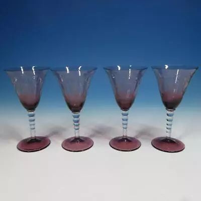 Buy Bohemian Crystal - 4 Amethyst Etched Wine Glasses - Cherub Figures - 6½ Inches • 77.85£