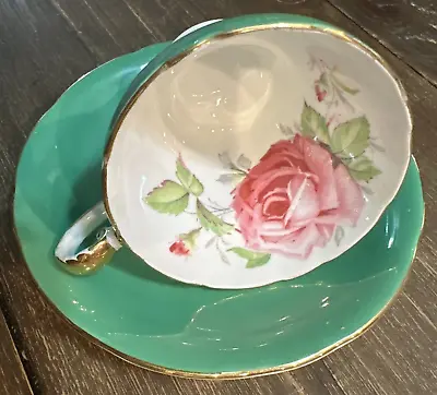 Buy Aynsley England Green Cabbage Rose Corset C957P Cup Saucer Vintage Bone China • 61.40£