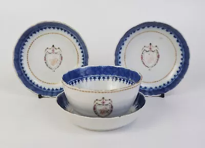 Buy Set Antique Chinese Blue And White 'Armorial' Porcelain Tea Bowl & Plate 18th C • 1.20£